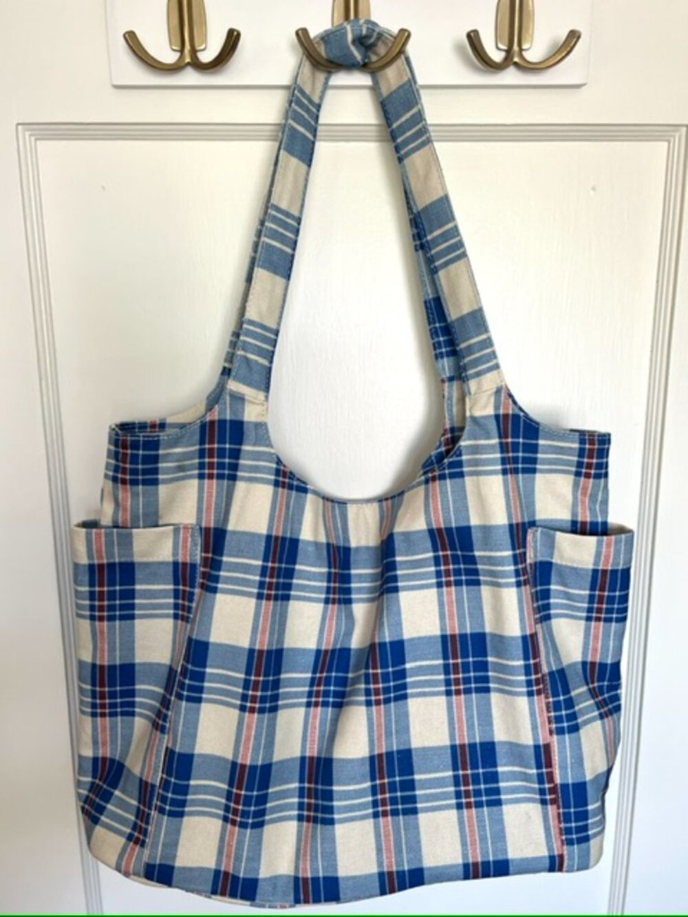 GAP Linen Cotton Tote Bag in Blue Madras Plaid - Picture 3 of 9
